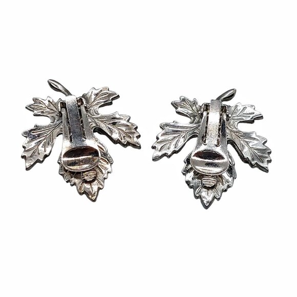 Maple Leaf Citrine Glass Silver Tone Clip On Earrings Vintage Estate Unsigned - Picture 2 of 6